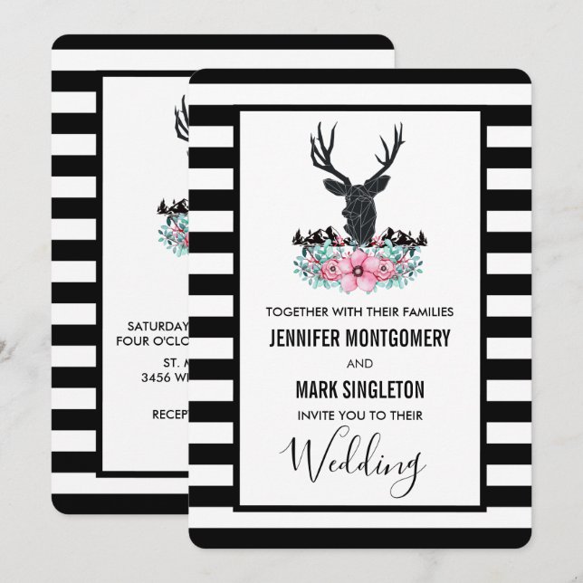 Black Deer Head w/ Pink Flowers & Mountain Wedding Invitation (Front/Back)