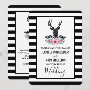 Black Deer Head w/ Pink Flowers & Mountain Wedding Invitation