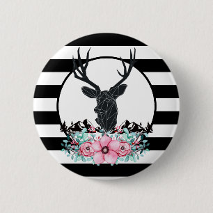 Black Deer Head w/ Pink Flowers & Mountains 6 Cm Round Badge