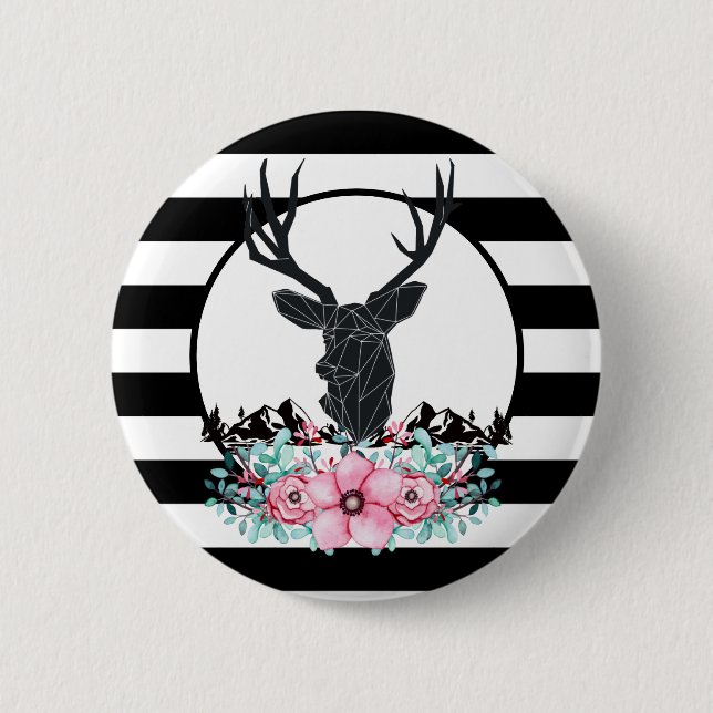 Black Deer Head w/ Pink Flowers & Mountains 6 Cm Round Badge (Front)