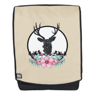 Black Deer Head w/ Pink Flowers & Mountains Backpack