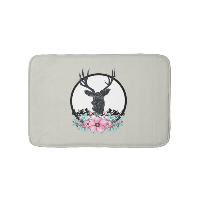 Black Deer Head w/ Pink Flowers & Mountains Bath Mat (Front)