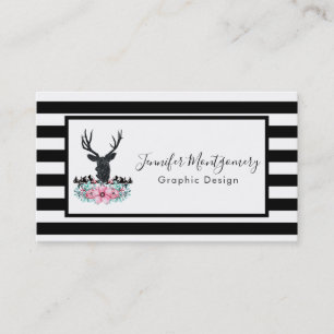 Black Deer Head w/ Pink Flowers & Mountains Business Card