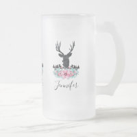Black Deer Head w/ Pink Flowers & Mountains