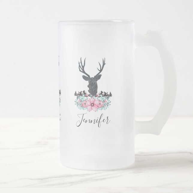 Black Deer Head w/ Pink Flowers & Mountains Frosted Glass Beer Mug (Right)