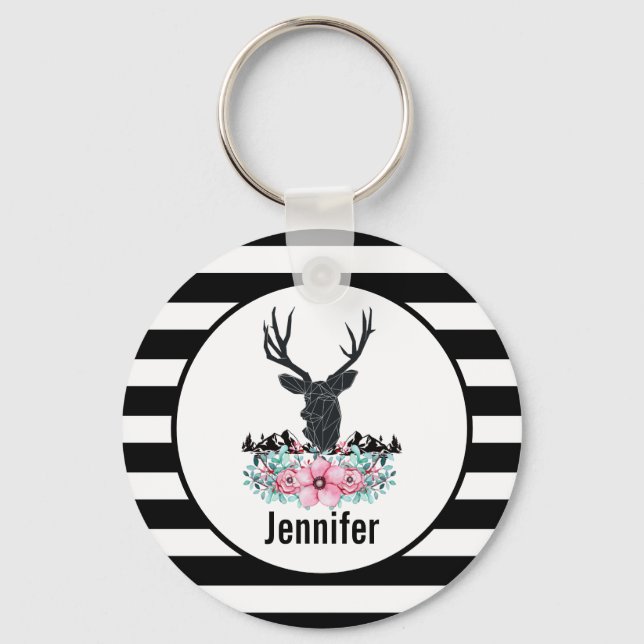 Black Deer Head w/ Pink Flowers & Mountains Key Ring (Front)
