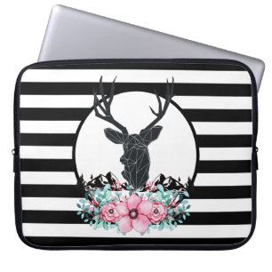 Black Deer Head w/ Pink Flowers & Mountains Laptop Sleeve