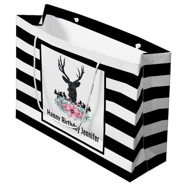 Black Deer Head w/ Pink Flowers & Mountains Large Gift Bag (Front Angled)