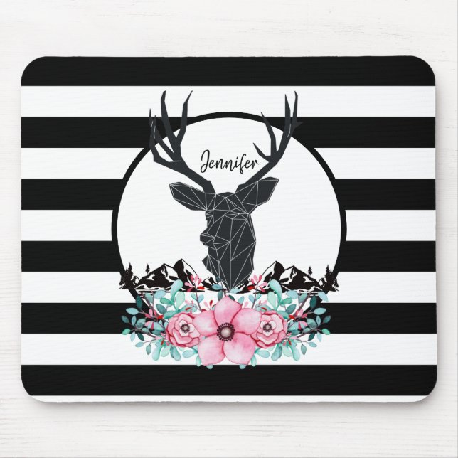 Black Deer Head w/ Pink Flowers & Mountains Mouse Mat (Front)