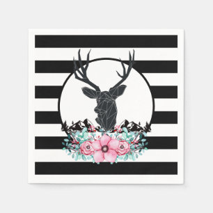 Black Deer Head w/ Pink Flowers & Mountains Napkin