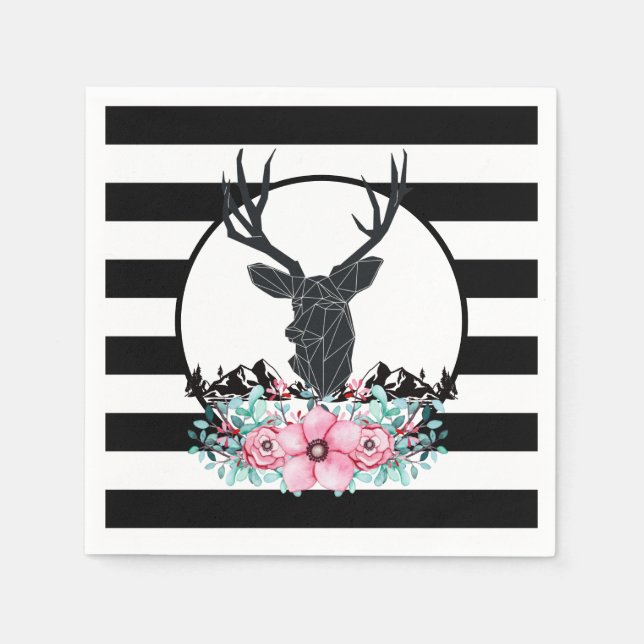 Black Deer Head w/ Pink Flowers & Mountains Napkin (Front)