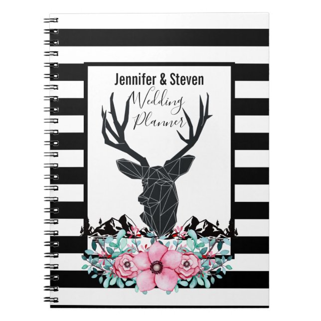 Black Deer Head w/ Pink Flowers & Mountains Notebook (Front)