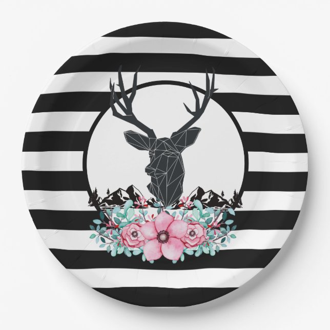 Black Deer Head w/ Pink Flowers & Mountains Paper Plate (Front)