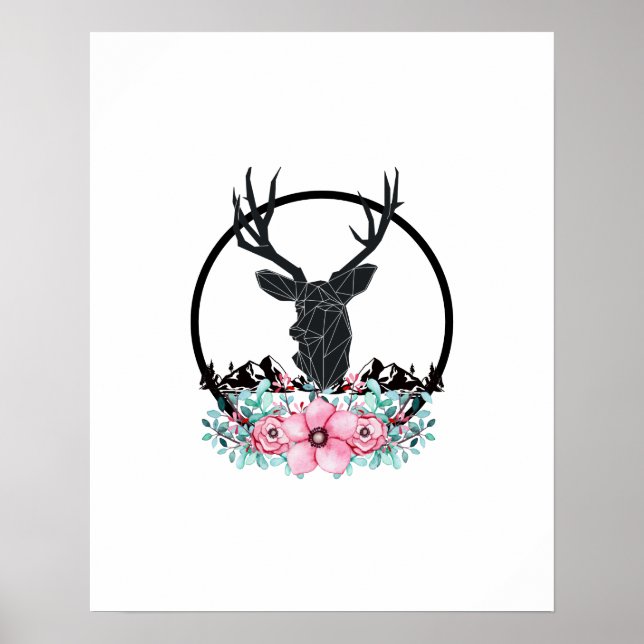 Black Deer Head w/ Pink Flowers & Mountains Poster (Front)