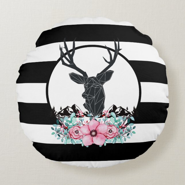 Black Deer Head w/ Pink Flowers & Mountains Round Cushion (Front)