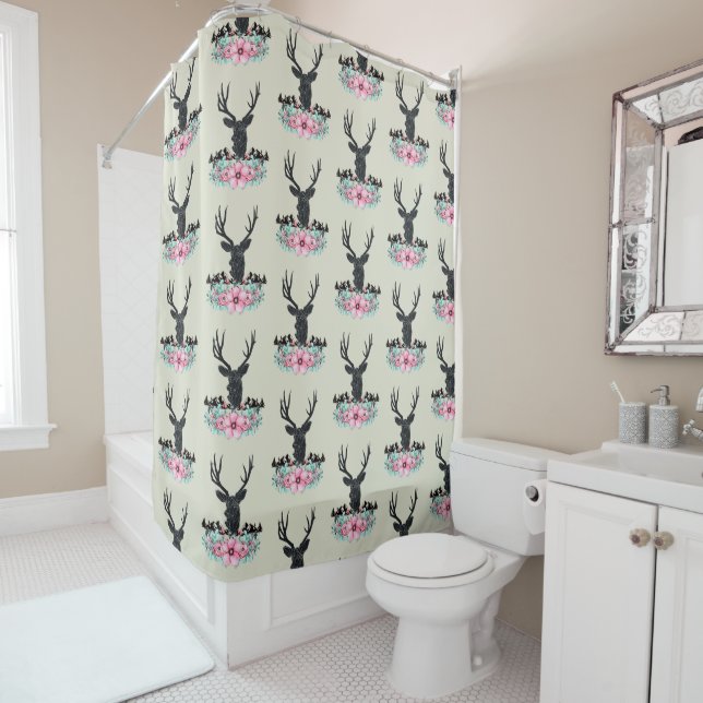 Black Deer Head w/ Pink Flowers & Mountains Shower Curtain (In Situ)