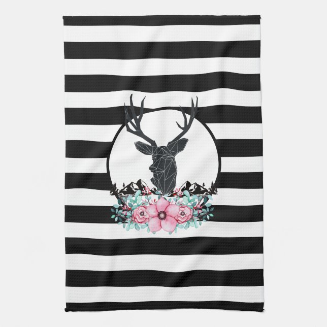 Black Deer Head w/ Pink Flowers & Mountains Tea Towel (Vertical)