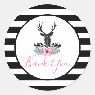 Black Deer Head w/ Pink Flowers & Mountains Thanks Classic Round Sticker