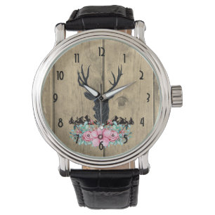 Black Deer Head w/ Pink Flowers & Mountains Watch