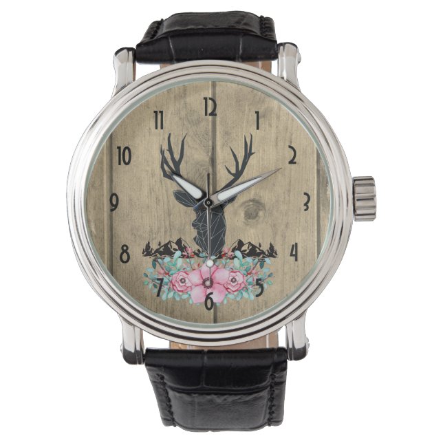 Black Deer Head w/ Pink Flowers & Mountains Watch (Front)