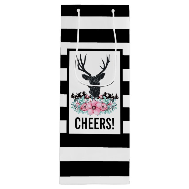 Black Deer Head w/ Pink Flowers & Mountains Wine Gift Bag (Front)