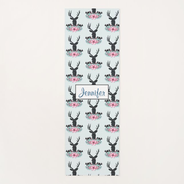Black Deer Head w/ Pink Flowers & Mountains Yoga Mat (Front)