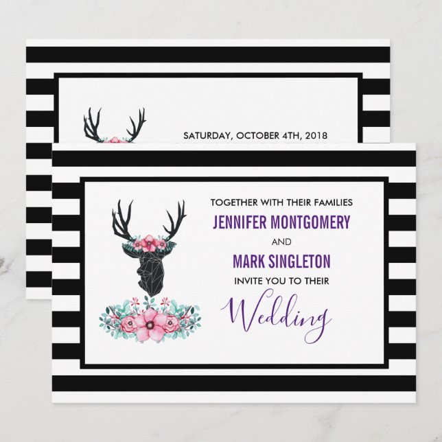 Black Deer Head w/ Pink Flowers Wedding Invitation (Front/Back)