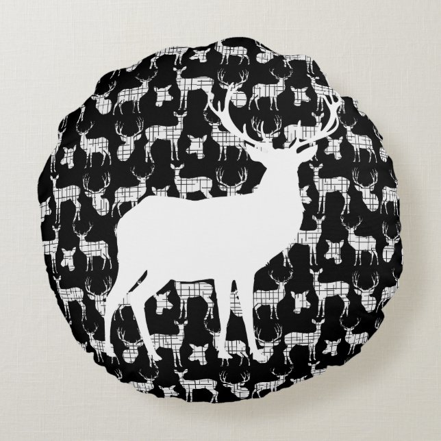 Black Deer With White Buck and Doe Round Pillow (Back)