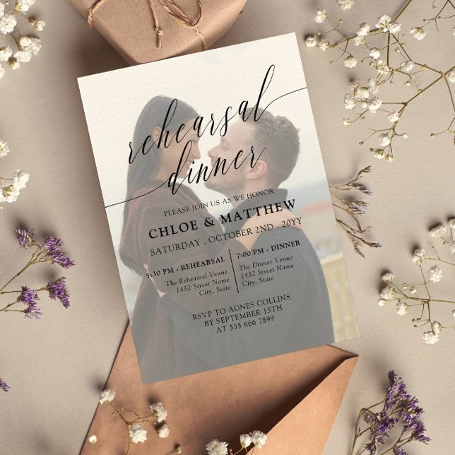 Black Delicate Calligraphy Photo Rehearsal Dinner Invitation (Creator Uploaded)
