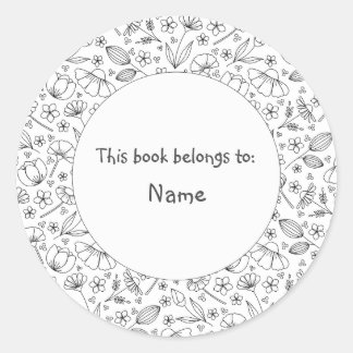 black delicate doodle flowers on white background classic round sticker