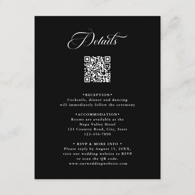Black Delicate Elegant Wedding Details Enclosure Card (Front)