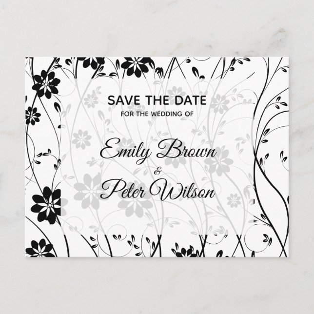 Black Delicate Flowers Over White Background Announcement Postcard (Front)