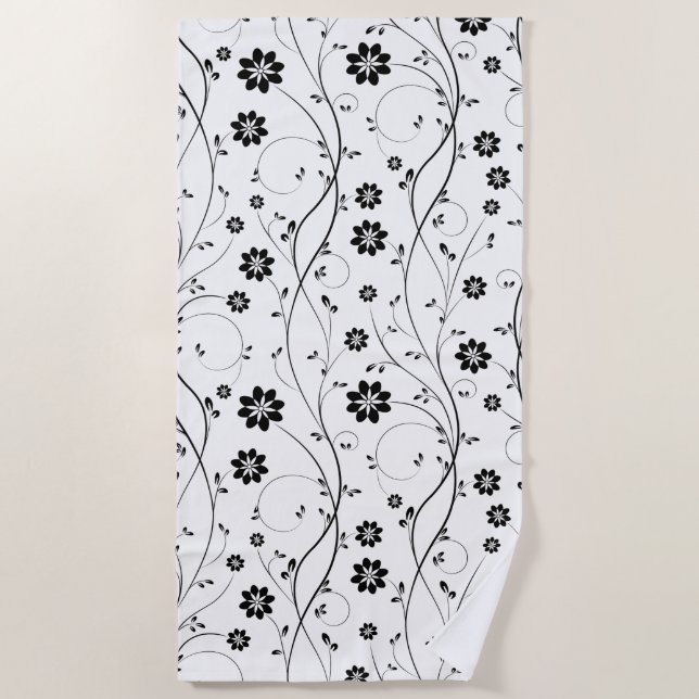 Black Delicate Flowers Seamless Pattern Beach Towel (Front)