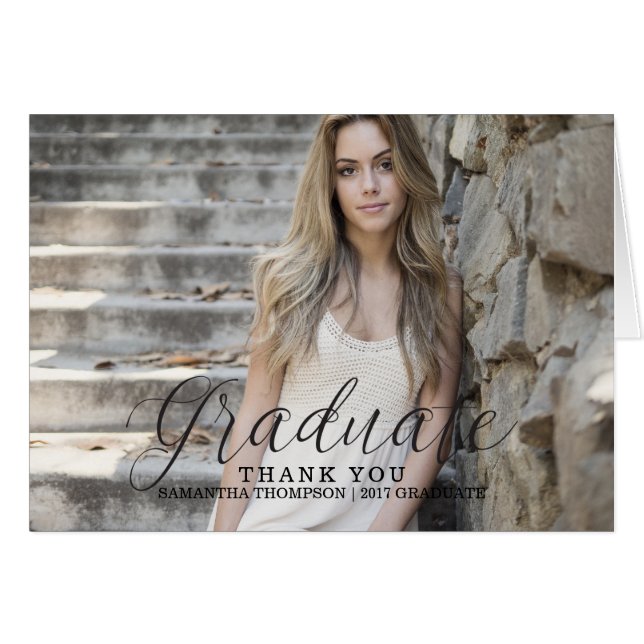 Black Delicate Script Photo Graduation Thank You (Front Horizontal)