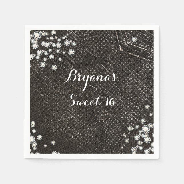 Black Denim & Diamonds Glam Crown Party Napkin (Front)
