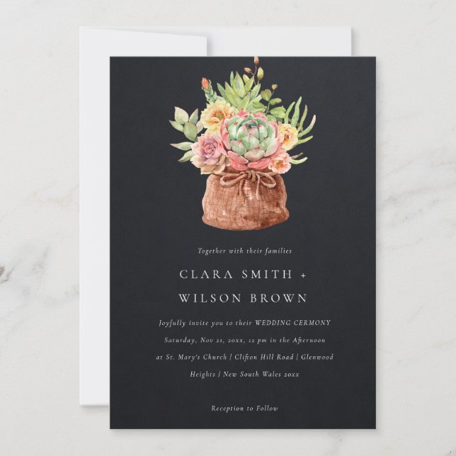 BLACK DESERT SUCCULENT CACTI FOLIAGE BUNCH WEDDING INVITATION (Front)