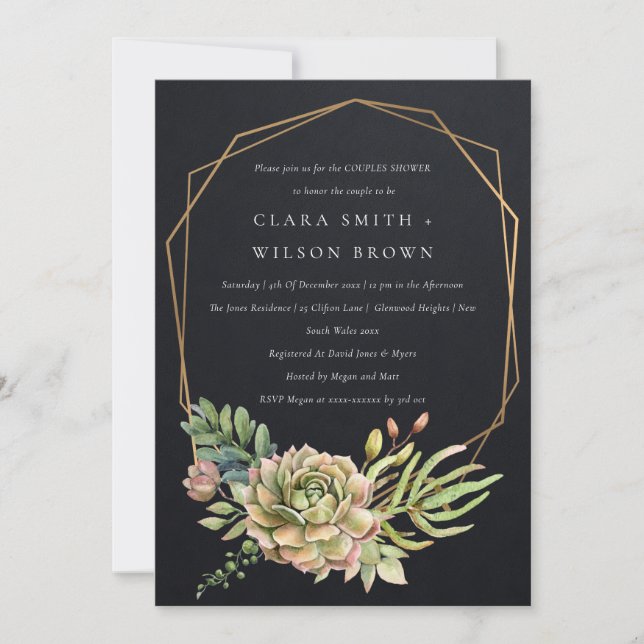 BLACK DESERT SUCCULENT CACTI FOLIAGE COUPLE SHOWER INVITATION (Front)
