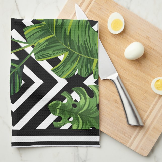 Black Design Green Leaf Kitchen Towel (Quarter Fold)