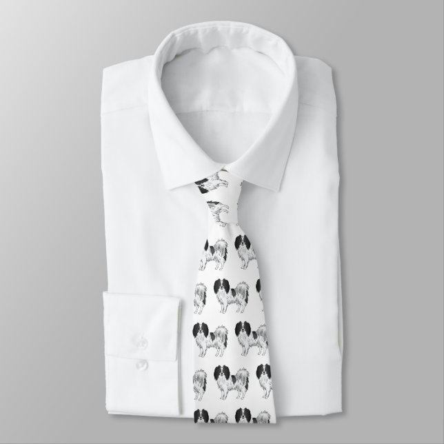 Black Detailed Phalène Dog Pattern Cute Dog Lover Tie (Tied)