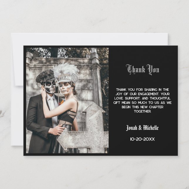 Black Dia De Los Muertos Engagement Party Thank You Card (Front)
