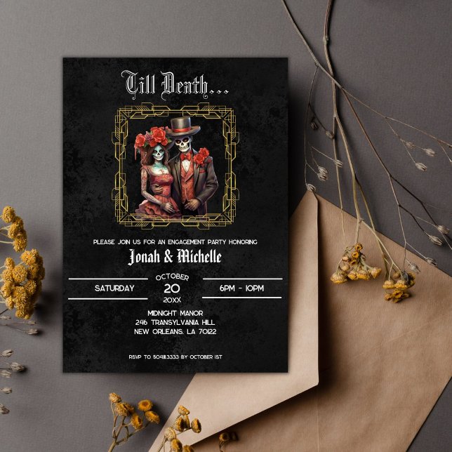 Black Día De Los Muertos Skulls Engagement Party  Invitation (Creator Uploaded)