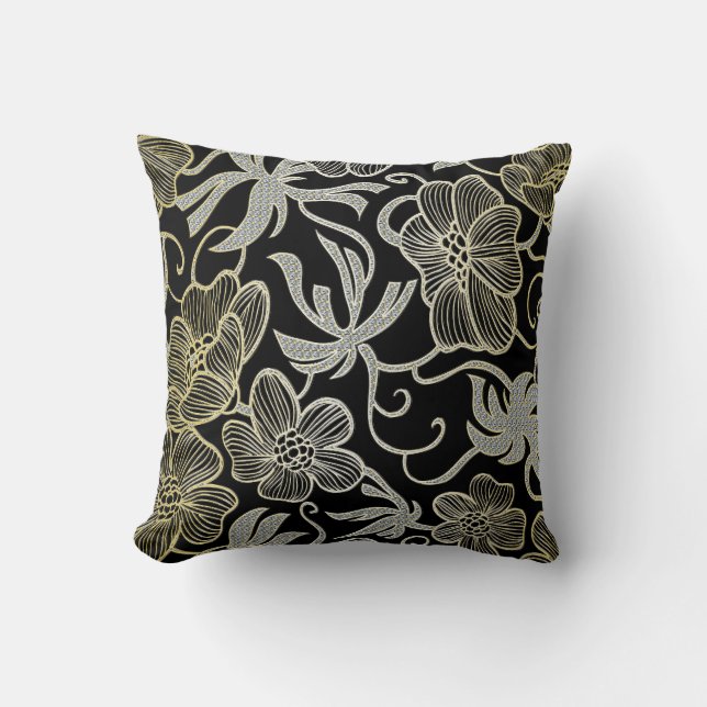 Black Diamond And Gold Floral Damask Design Cushion (Front)