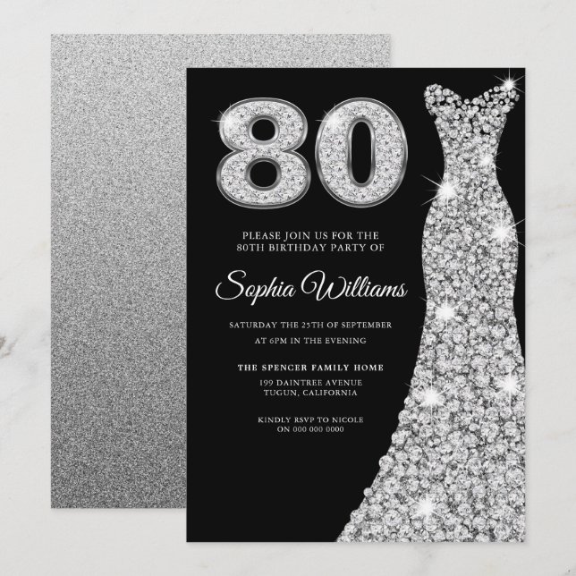 Black Diamond Dress Womans 80th Birthday Party  Invitation (Front/Back)