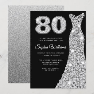 Black Diamond Dress Womans 80th Birthday Party  Invitation