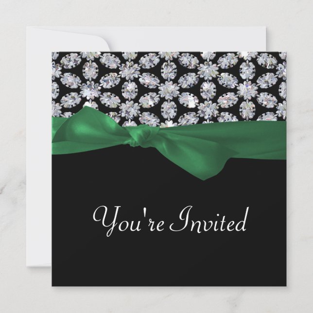 Black & Diamond Mosaic Green Bow Wedding Invitation (Front)