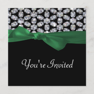 Black & Diamond Mosaic Green Bow Wedding Invitation