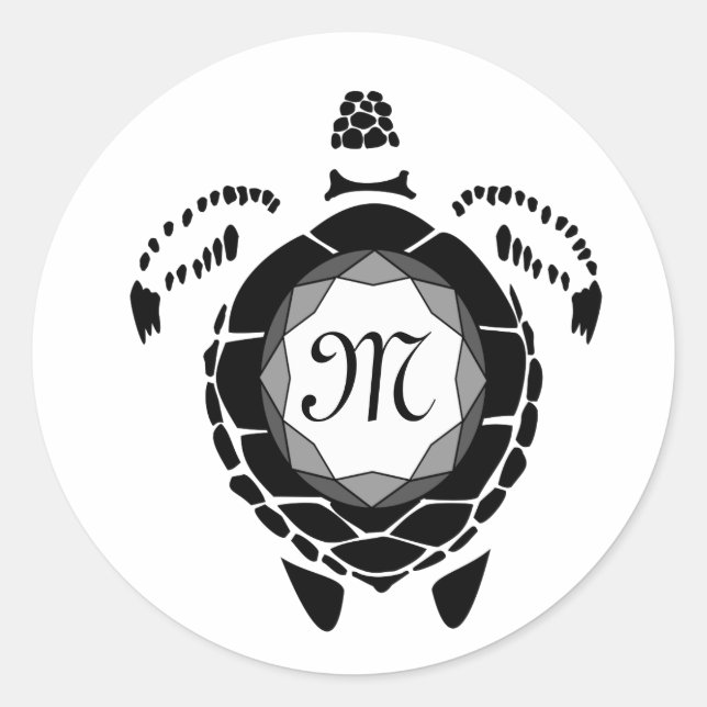 Black Diamond Sea Turtle Silhouette Monogram Classic Round Sticker (Front)