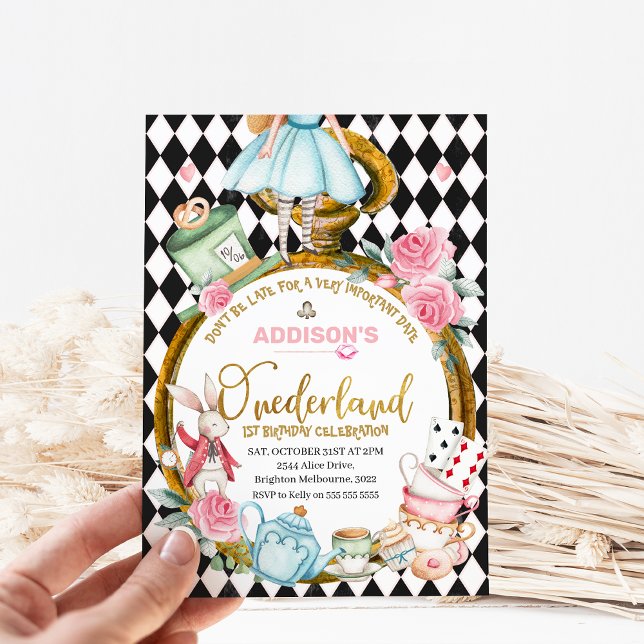 Black Diamond Watch Alice In Onederland Birthday Invitation (Alice in Onederland 1st Birthday Invitation, Black Diamond Pattern, Large Watch, Alice One-derland)