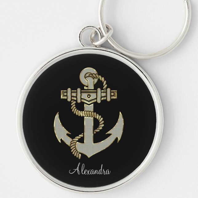 Black Diamonds And Gold Tones Anchor-Monogram Key Ring (Front)