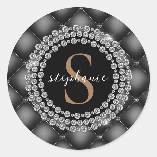 Black Diamonds Gold Monogram Elegant Tufted Luxury Classic Round Sticker (Front)